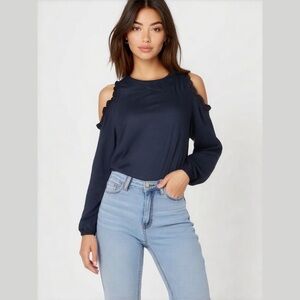 DG2 by Diane Gilman Cold-Shoulder Ruffle Top Shirt Sweater Navy Blue Size XS NWT